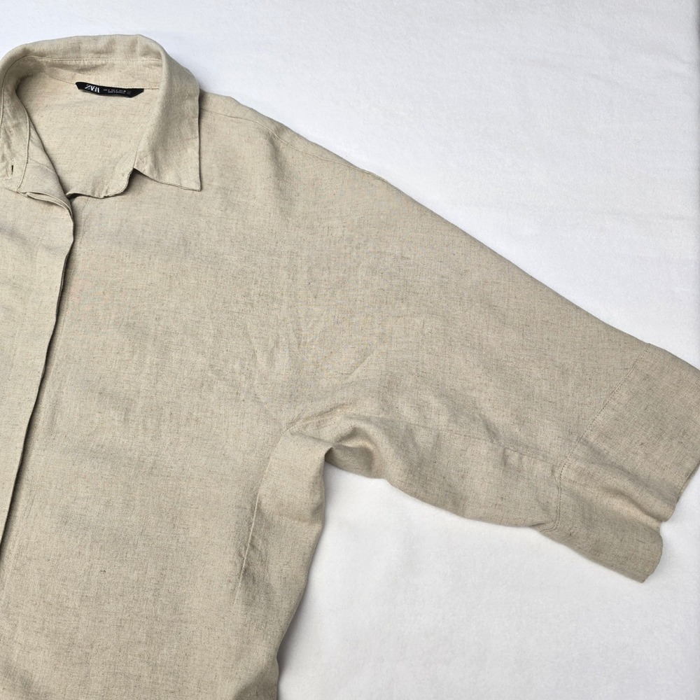 ZARA Linen Blend Short Sleeve Button Up Shirt Beige Cream Womens Small L Utility - Picture 6 of 15